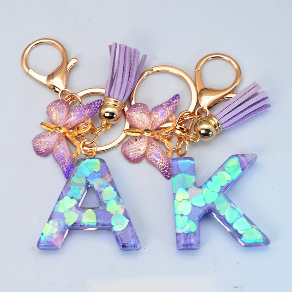 Exquisite 26 Initial Blue Shiny Resin Keychain A to Z Letter Purple Butterfly Tassel Pendant Keyring for Women Men Couple Gift 250606