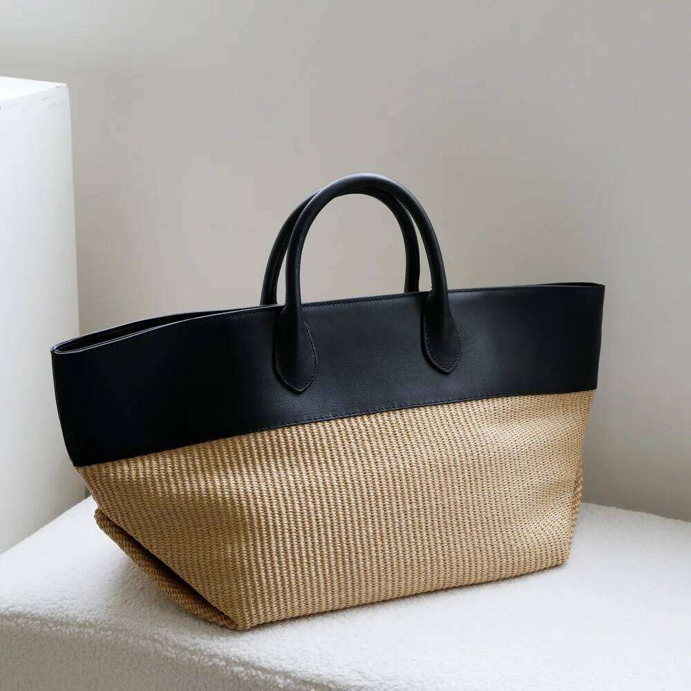 French straw woven tote 2025 new niche design cowhide splicing large capacity vacation beach vintage lady hand-woven bag