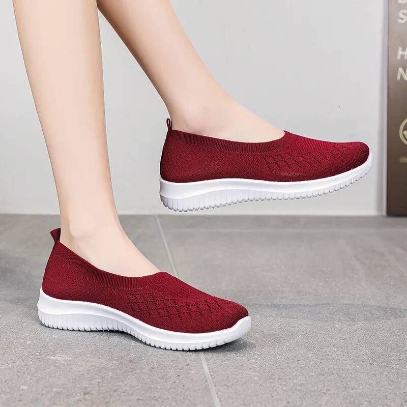 ddmyoutdoor High Quality Knitted Women S Vulcanize Breathable Sneakers Flat Heel Slip On Ladies Casual Shoes Outdoor Outdoor Shoes