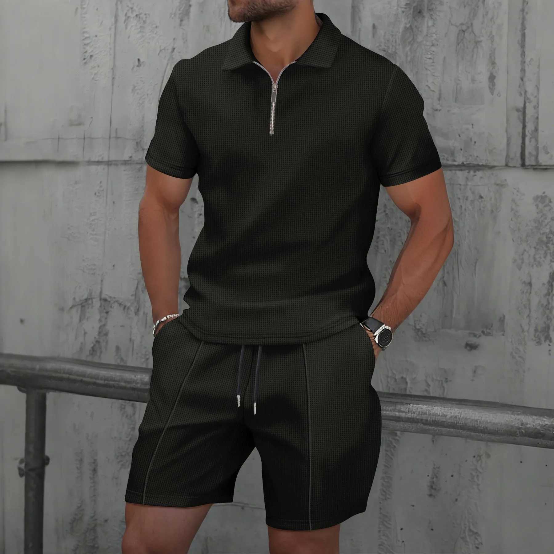 Waffle Trend Lapel Polo Mens Summer New Set Short Sleeved T-shirt Casual Shorts Sports Two-piece Set Popular Casual Set W250609