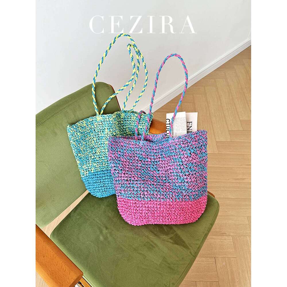 CR Women's Summer Casual Colorful Straw Woven Shoulder Handbag Contrast Color Handmade Braid Beach Bag For Daily Vacation Travel