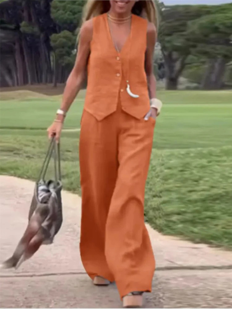 2025 Woman Elegant 2-Piece Pant Sets Casual Vest And Pants Sets Sleeveless Tops Suits 2pcs Outfits Wide Leg Trouser Sets 250605