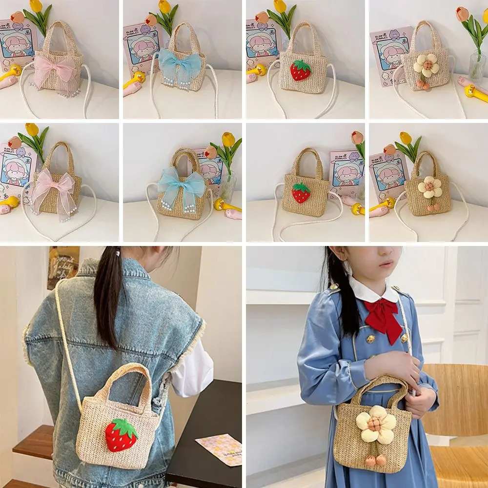 Handmade Woven Girl Straw Bag Summer Zipper Mesh Bow Crossbody Handbag Coin Purse Po Props Kid Beach Bags 250605