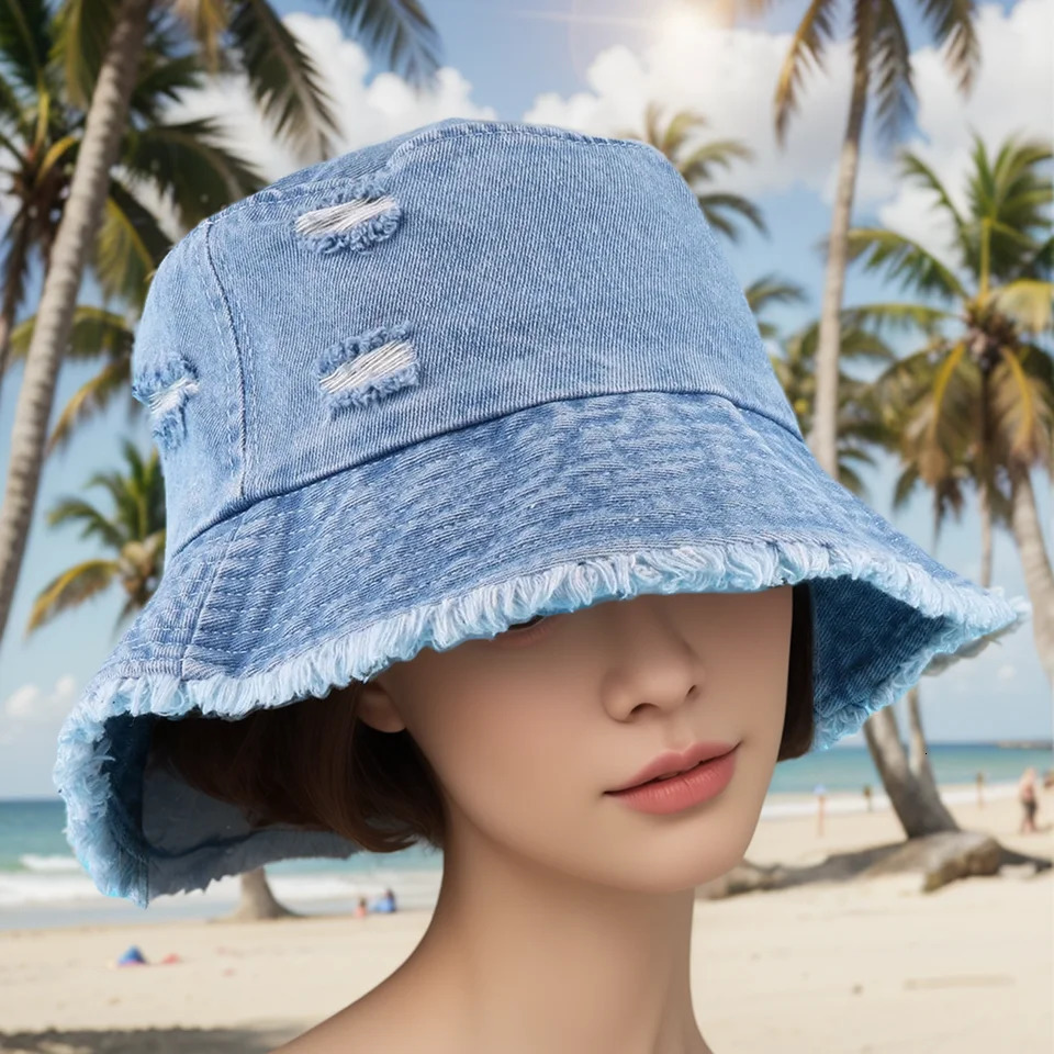 Retro Fashion Washed Fringed Ripped Denim Fisherman Hat For Men and Women Summer Solid Color Sun Hat Versatile For Daily Use 250605