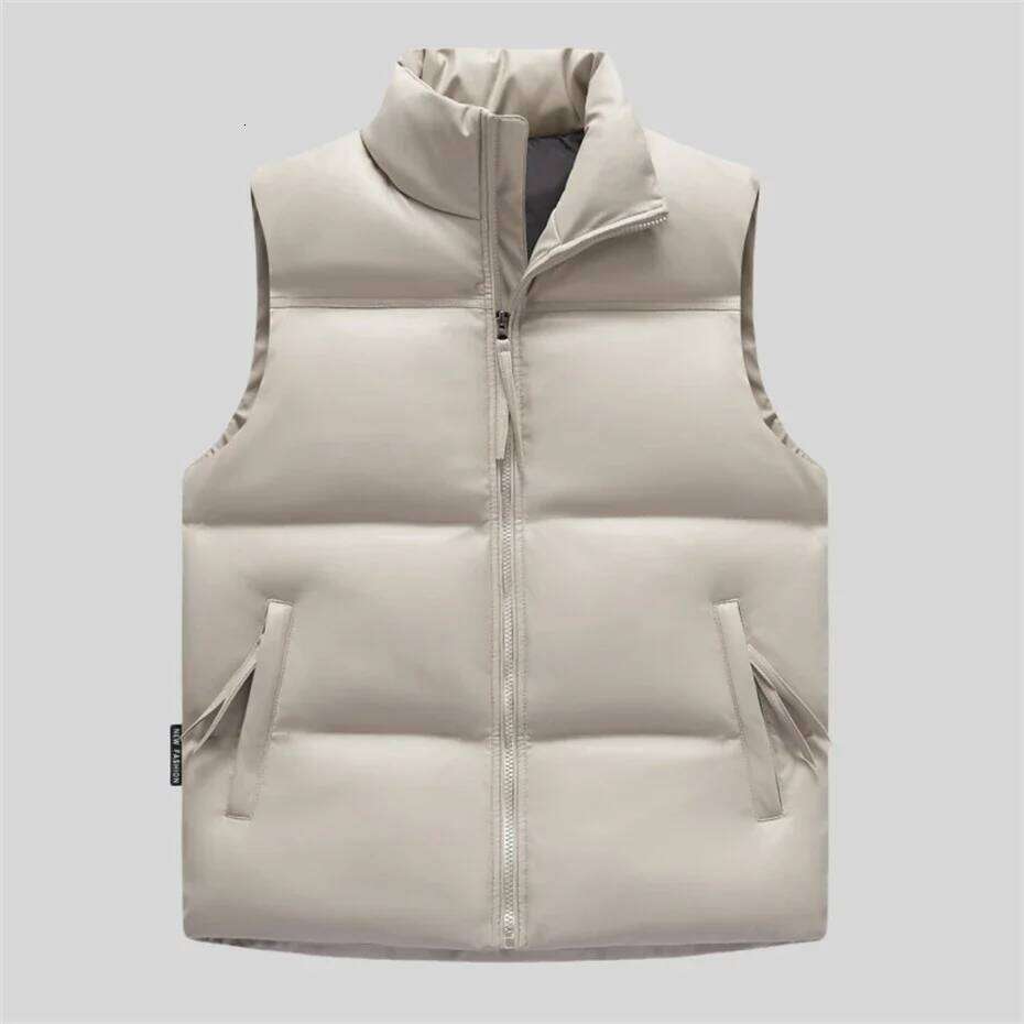 Windproof PU Leather Vest for Men Zipper Warm Thicken Waistcoat Thick Gilet Bread Winter Sleeveless Jacket Padded Coat