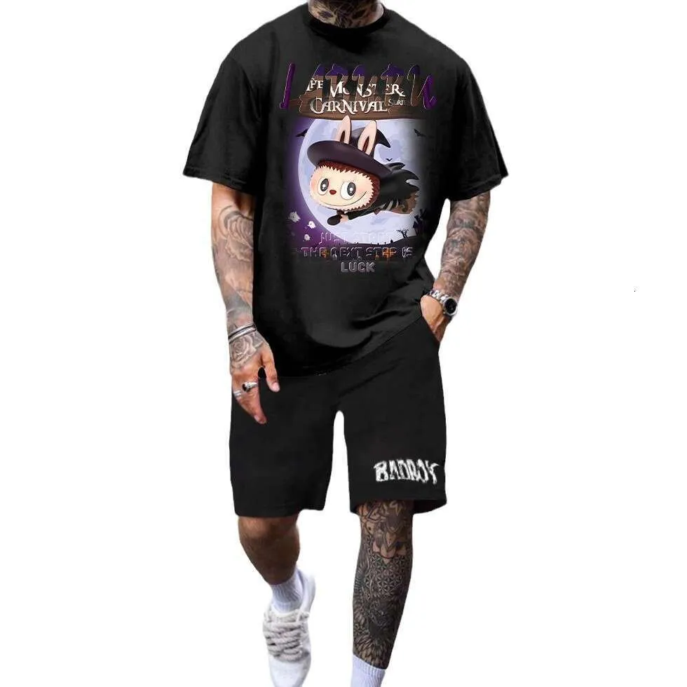 2025 New LABUBU Pure Cotton Short Sleeve Designer T-Shirt American Style Loose Trendy Casual Set Digital Direct Print Labubu Doll