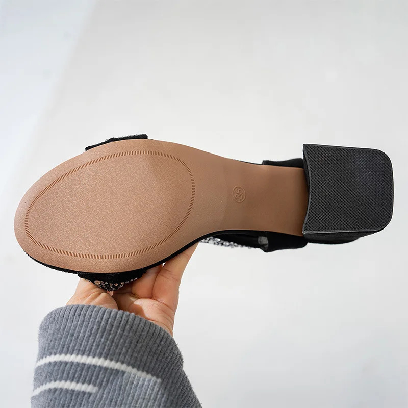 Womens Shiny Crystal High Heeled Sandals Fashion Black Cross Band Dress Party Shoes Woman Ankle Buckle Square Heeled Sandals 250605