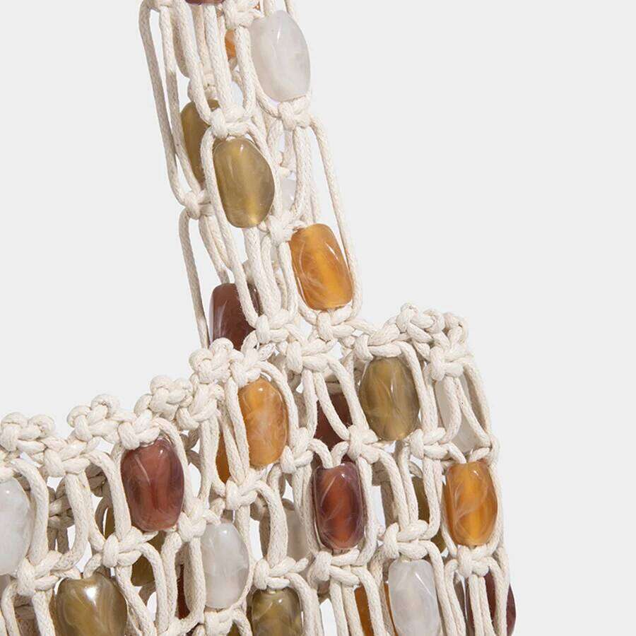 Women Hand-Woven Beaded Design Color-Blocking Tote Patchwork Net Woven Shoulder Bag Summer Hollow-Out Beach Handbag Bolsa