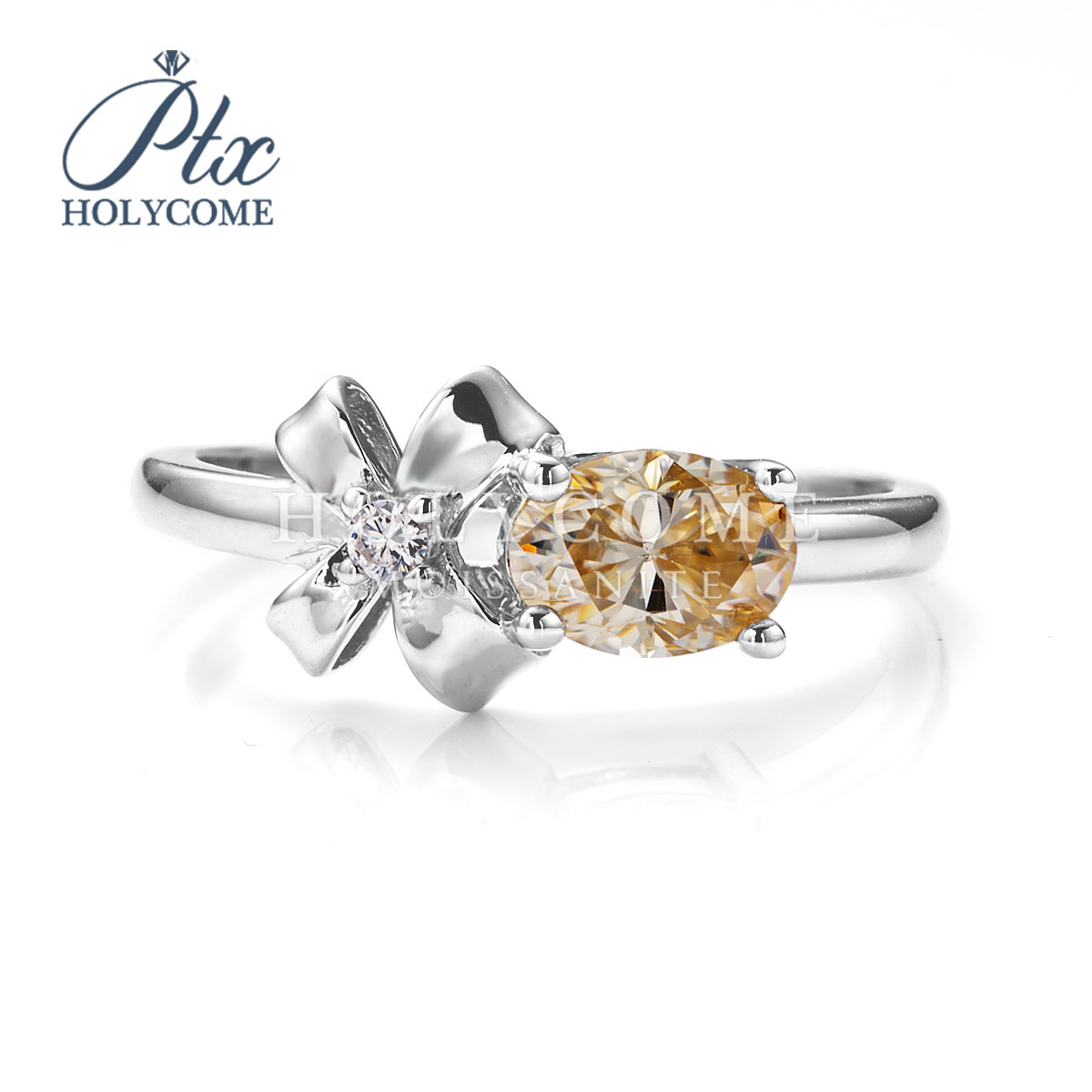 High Quality Oval Shape Champagne Bow Ring Fashion Jewelry 1Ct Moissanite Diamond 925 Sterling Silver Women Bridal Ring for Party Gift