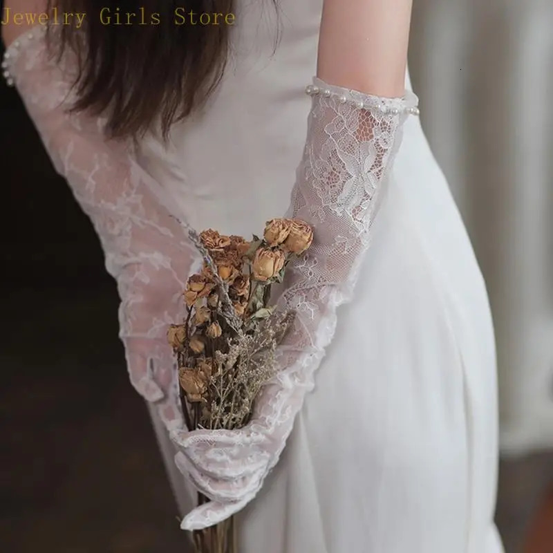 E56F Bride Sleeve with Pearls Gloves Wedding Hair Accessories White Wedding Gloves Sleeve Elaborate Sleeve 250603
