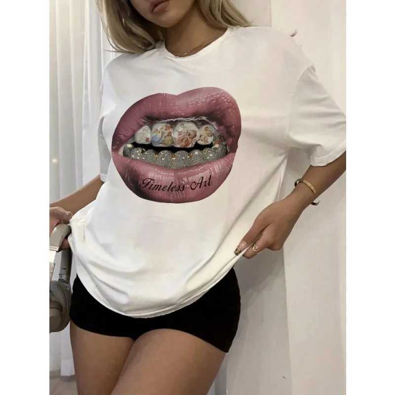 Lips Pattern Printed Womens T-Shirt Round Neck Short Sleeve Casual Harajuku Loose Comfortable Cotton T-Shirt Y2K Tops X250607