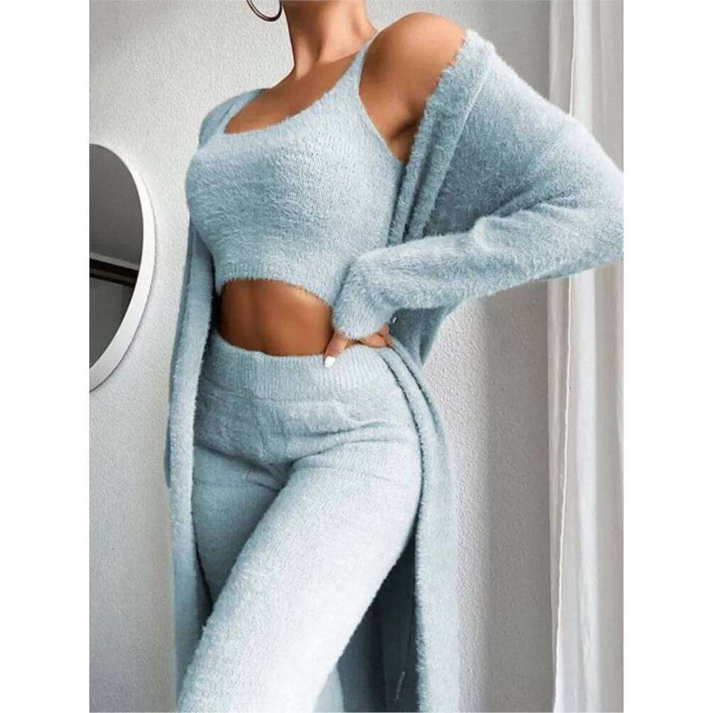 Autumn Winter Women's New Sexy V-neck Plush Short Sleeveless Vest Waist Exposed Pants Long Coat 3-piece Set For Women
