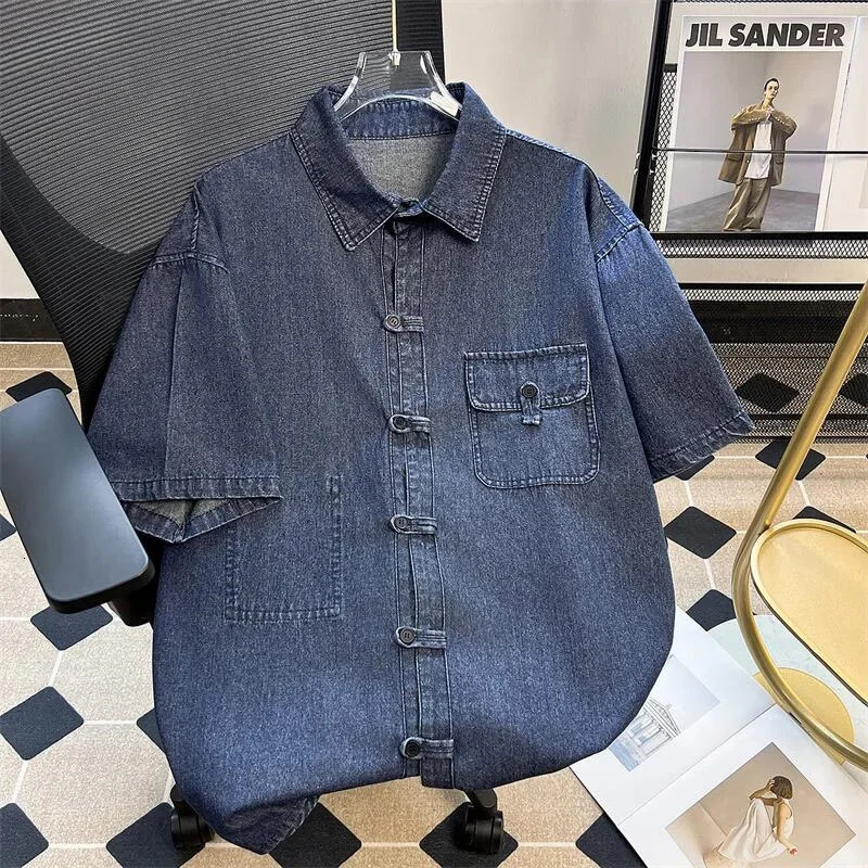 Mens Chinese Button ShortSleeved Denim Shirt Washed Tooling Jeans Jacket Loose Retro 2025 Summer HalfSleeved Top 250530