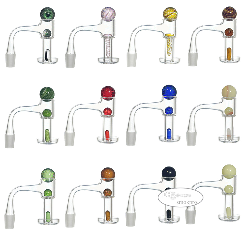 20mm Full Weld Terp Slurper Quartz Banger Set With Glass Marble Carb Cap Spinning Capsule Pill Pearls- 10mm 14mm Male 90 Degree Frosted Joint Beveled Edge Top For Dab Rig