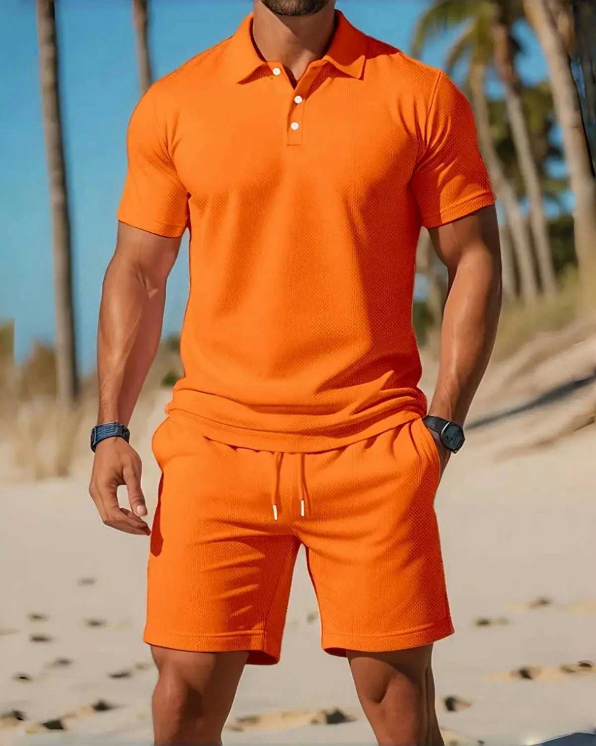 Mens Business Casual Beach Sports Two-piece Set Drawstring Elastic Waist Sports Shorts Set Button Access Control Lapel Top W250609