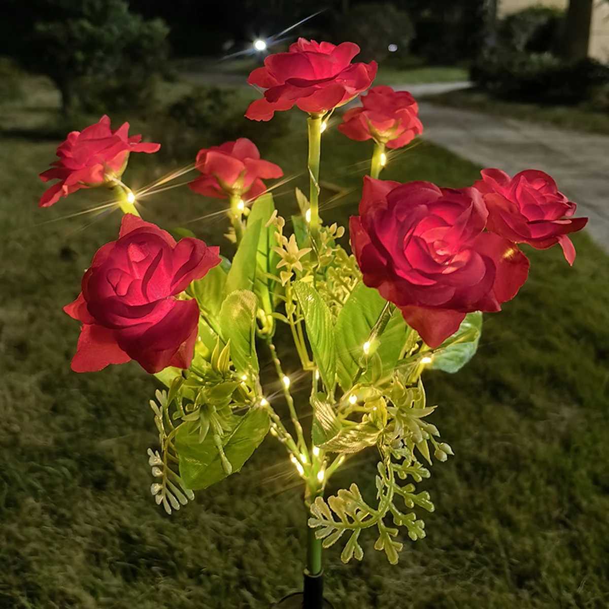 Rose Flower Lawn Lamp 7 Heads Outdoor Trendy Fashion Ambience Solar LED Warm Light For Yard Patio Garden Holiday Party Lantern XJ250606
