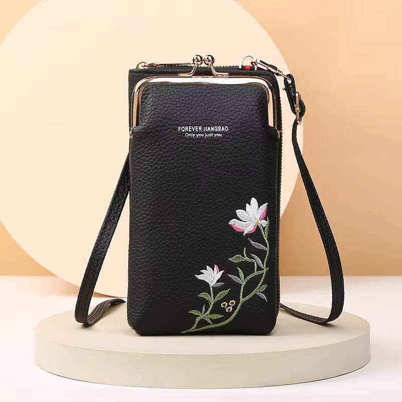 2025 New Embroidered Flower Phone Bag Single PU Shoulder Multi-function Crossbody Bags Long Wallets with Detachable Strap