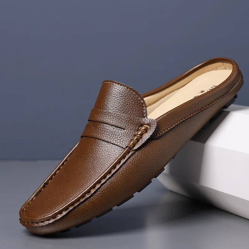 Ddmyoutdoor Summer Slip On Soft Leather Slippers High Quality Flats Male Walking Casual Loafers Half Shoes For Men Lazy Shoe Outdoor Shoes