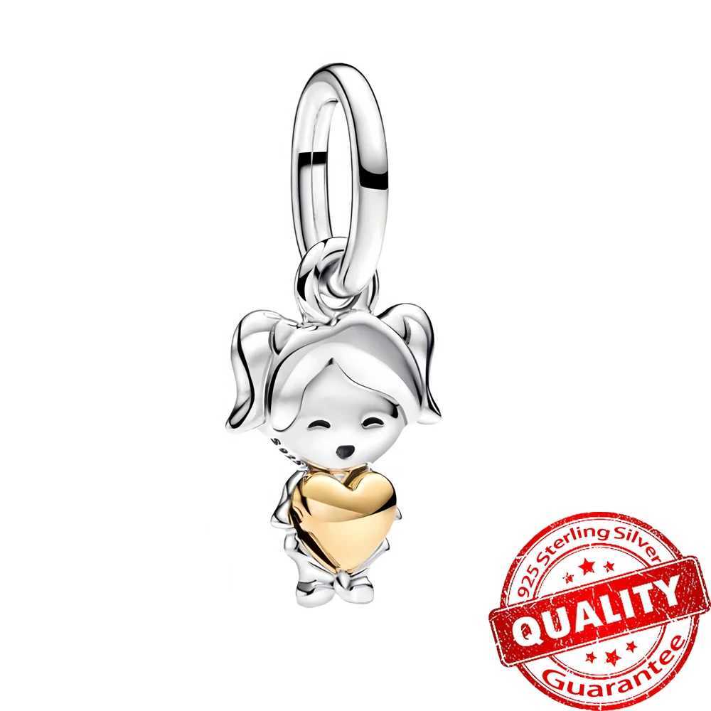Luxury 925 Sterling Silver Double Golden Heart Split Charm Fit Original Bracelet Cute Boy Girl Pendant for Fine Jewelry XJ250607