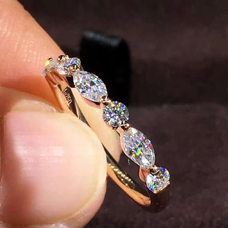 Luxury Real Yellow Gold 18K Ring Valentines Day Present Round and Marquise Diamond Ring