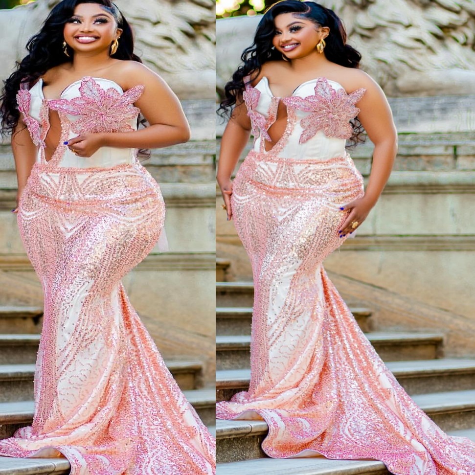 Pink Mermaid Prom Dresses 2025 Sequined Applique Sparkly Evening Formal Party Second Birthday Engagement Gowns Plus Size Dress For Special Occasions