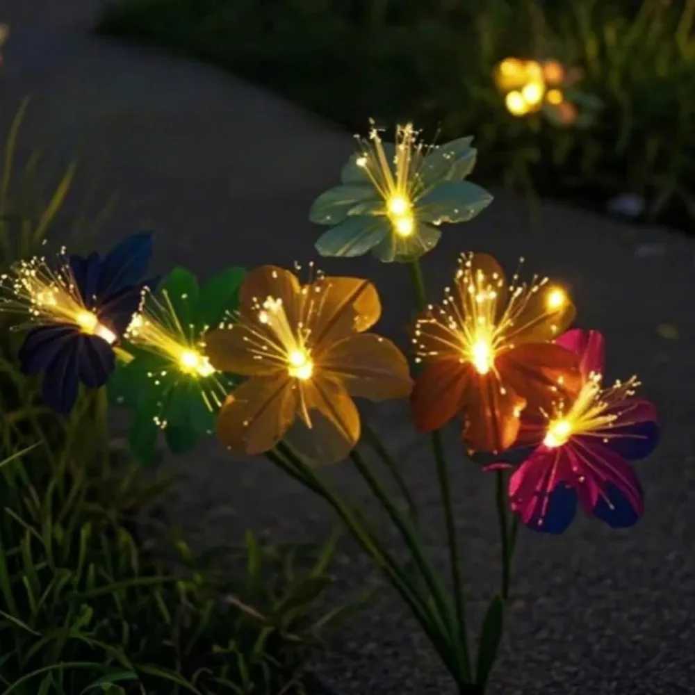 1PC 6Head Solar Large Flower Fiber Optic Ground Plug Light Suitable for Courtyard Garden Lawn Outdoor Camping Party Decoration W250607
