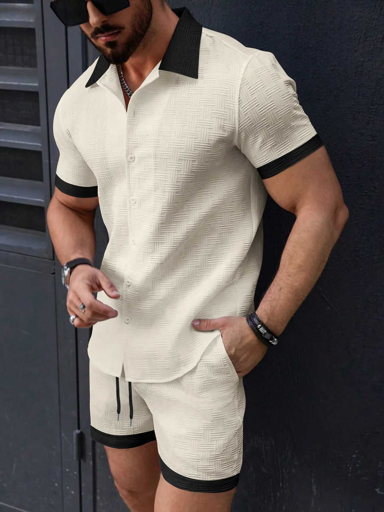 2025 Spring and Summer New European and American Fashion Casual Mens Shirt Color Short-Sleeved Shorts Beach Suit W250609