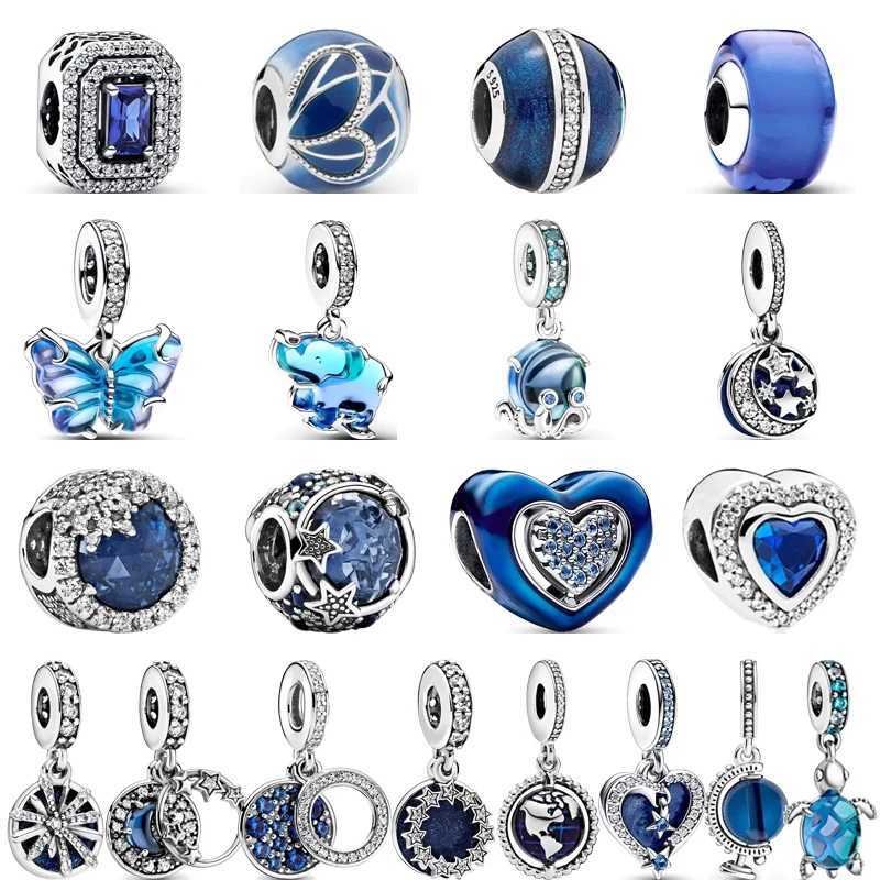 925 Sterling Silver Blue Glass Zircon Series Sparkling Pendant Simple Classic Beads Fit Original Pantaro Charms Bracelet JewelryXJ250607