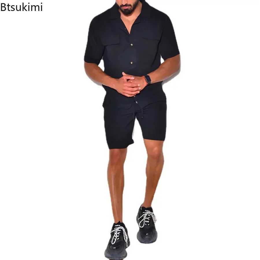 New 2025 Mens Summer Casual Clothing Sets Solid Short Sleeve Pockets Shirt +Shorts Sets Male Cotton Linen Two Piece Suits Sets W250609