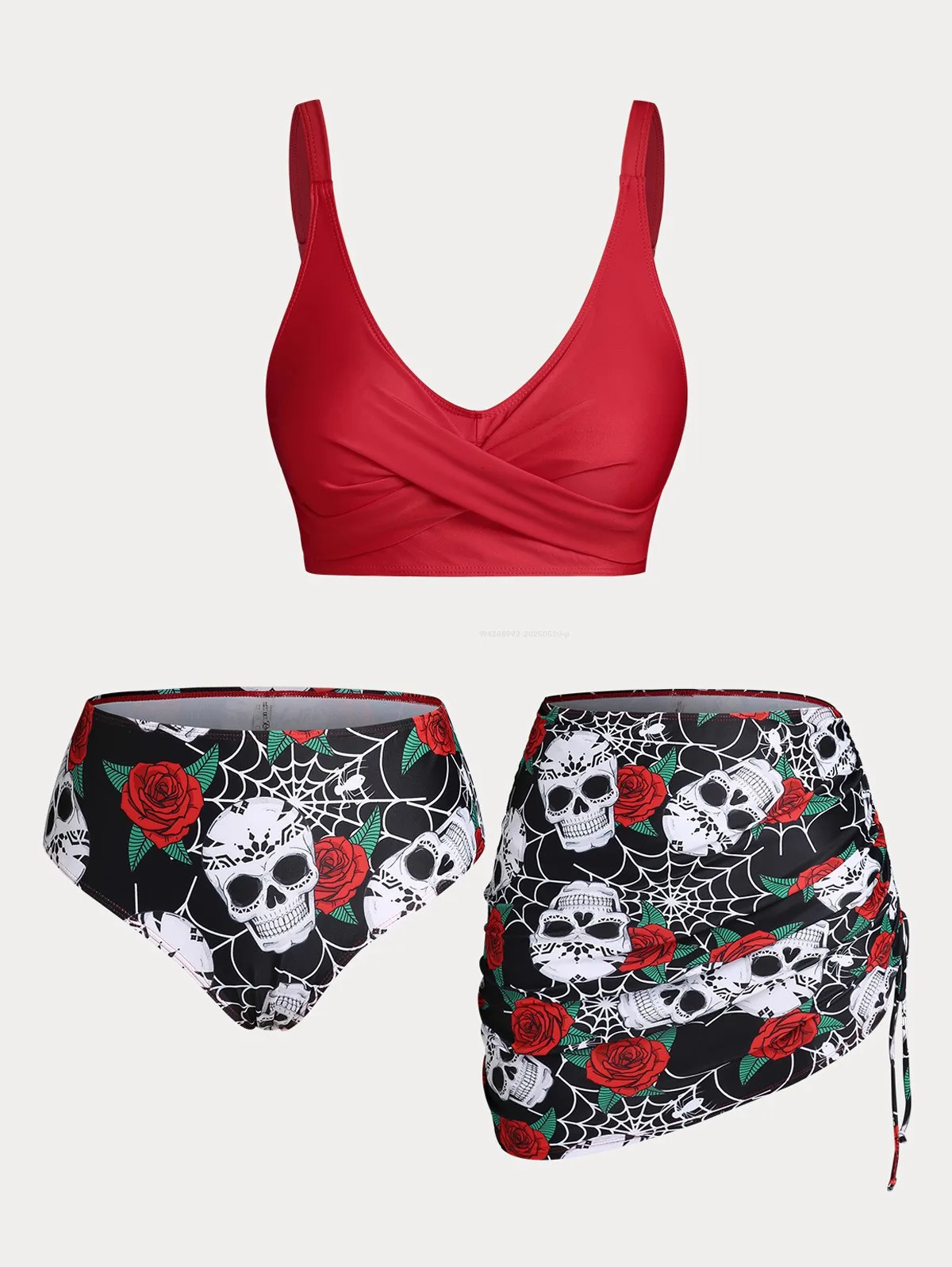 ROL Plus Size Womens Curve Skull Rose Print Crossover Three Piece Bikini Swimsuits 250603