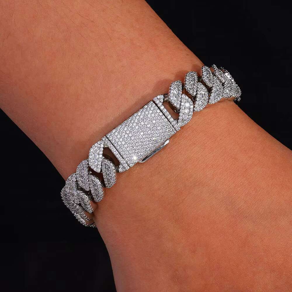 14mm Flip Button S925 Silver Moissanite Cuban Chain Mens Bracelet Trend Accessories
