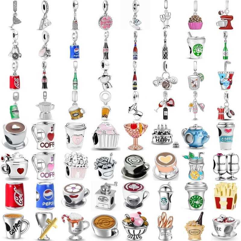 New 925 Sterling Silver Coffee Cup Birthday Cake Bottle Pendant Bead Fit Original European Charms Bracelet Jewelry Accessories XJ250607