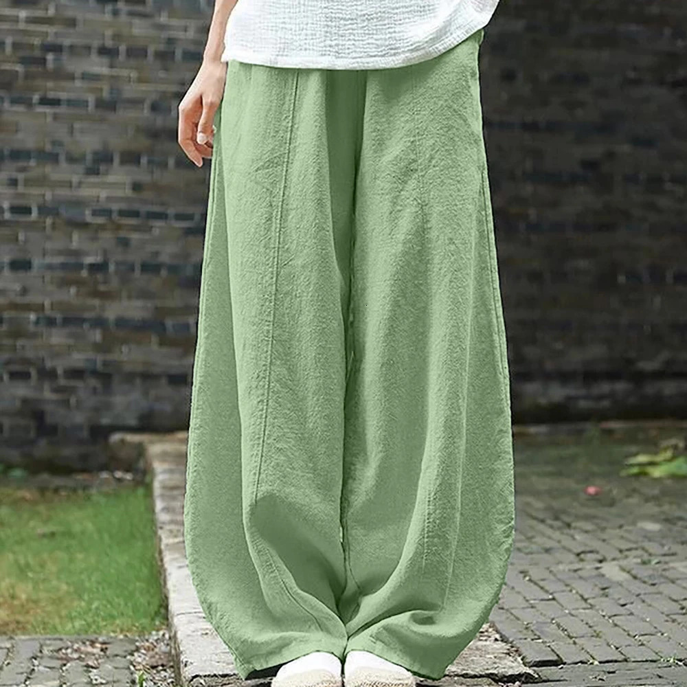 Spring Summer 2025 Cotton Linen Style Bloomers Wide Leg Pants Women Vintage Full Length Elegent Pants Solid Elasitic Waist S-5XL 250605
