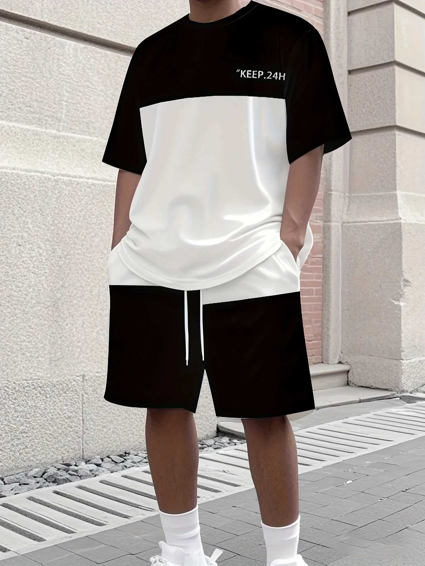 Mens Two Piece Set Patchwork Simple Classic T Shirt Shorts Sportswear Summer Outdoor Loose Light Stretch Crew Neck Male Clothes W250609