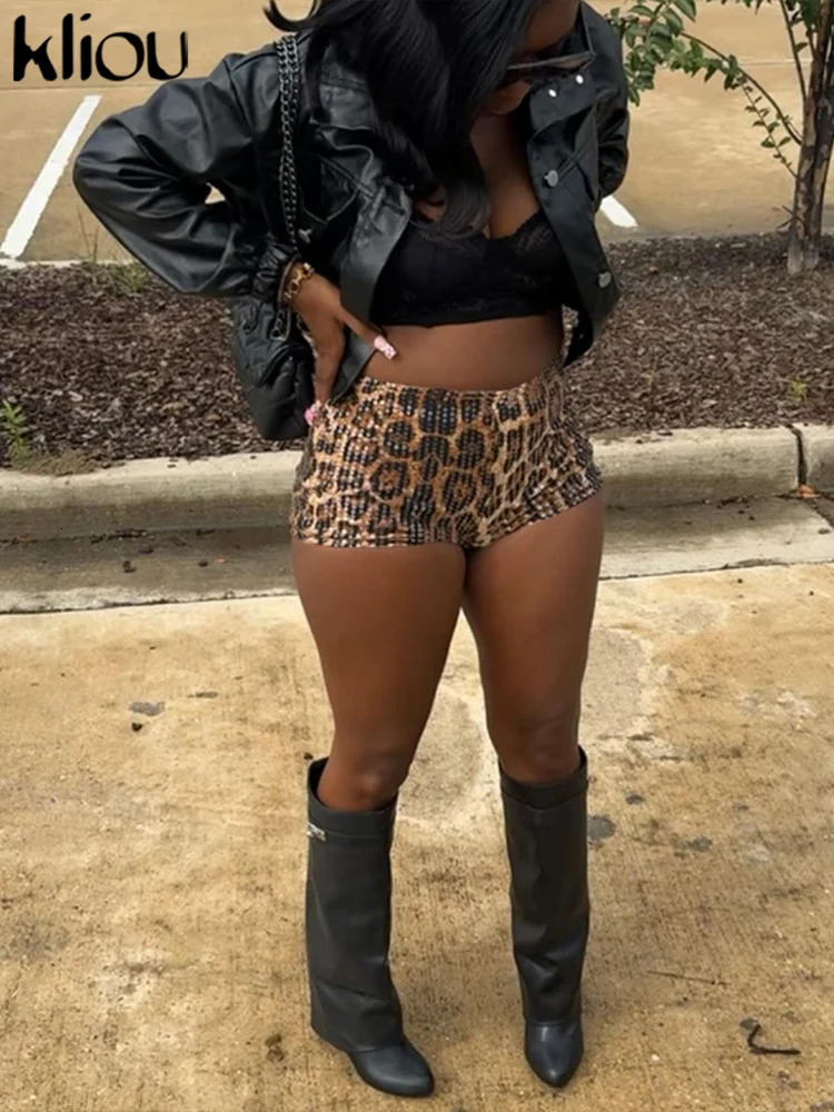 kliou Sequins Shiny Women Shorts Fashion Leopard Printed High Waist Body-shaping Mini Bottoms Female Stunning Streetwear 250529