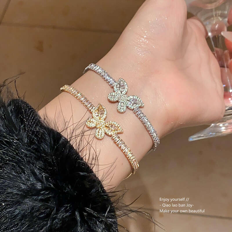 Minimalist Square Zircon Butterfly Pattern Adjustable Bracelet Korean Style Exquisite Design Wristband Commuting Internet Celebrity Jewelry for Women