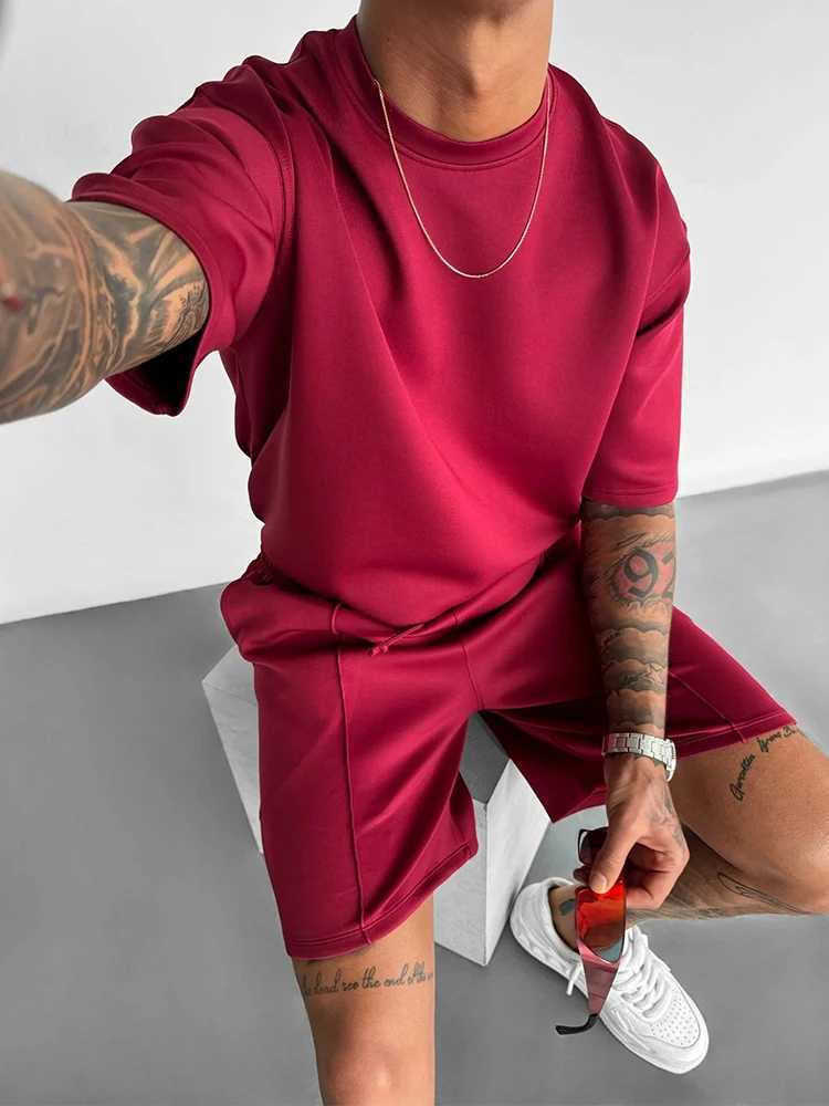 Streetwear Fashion Pure Color Mens Outfits Summer Stylish O Neck Short Sleeve T Shirt And Shorts Men Two Piece Suits Casual Sets W250609