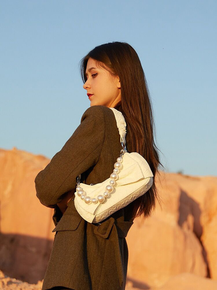 designer Underarm Bag for Women, Autumn Ins Super Popular Bowknot Pearl Chain Bag, Niche Handbag, Pleated Shoulder Crossbody Bag