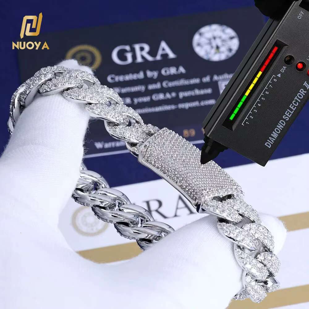NUOYA 13MM Iced Out Chain Diamond Cuban Link Chain Bracelet Men Hip Hop Shiny Vvs Moissanite 925 Silver Cuban Necklace
