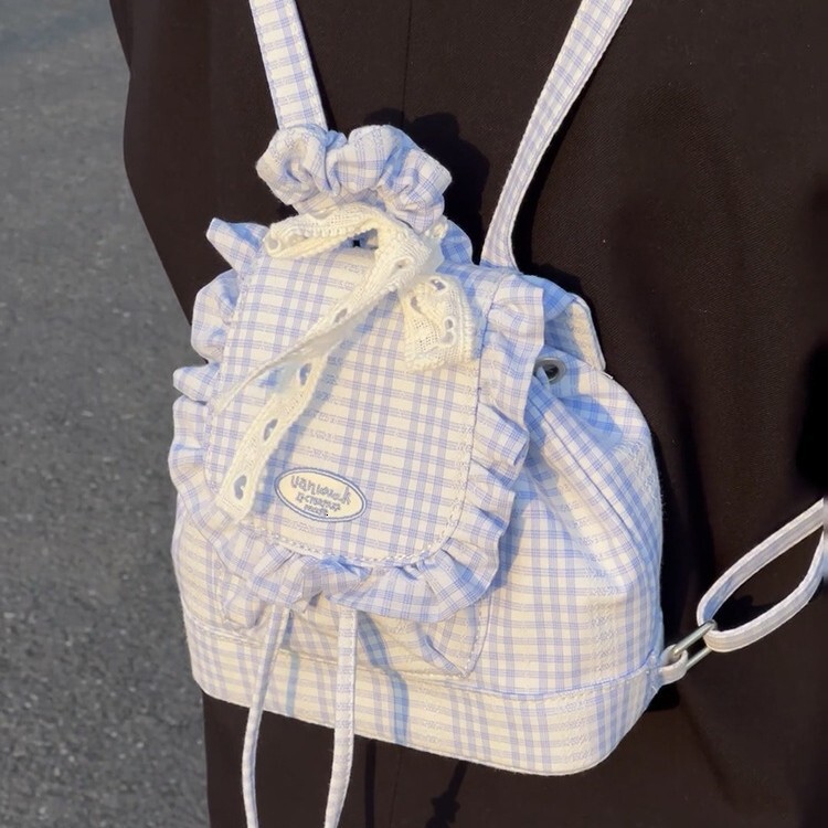 designer Korean Style Blue Lace Plaid Backpack for Women 2025 New Sweet Ruffle Edge Backpack College Style Commuter School Bag
