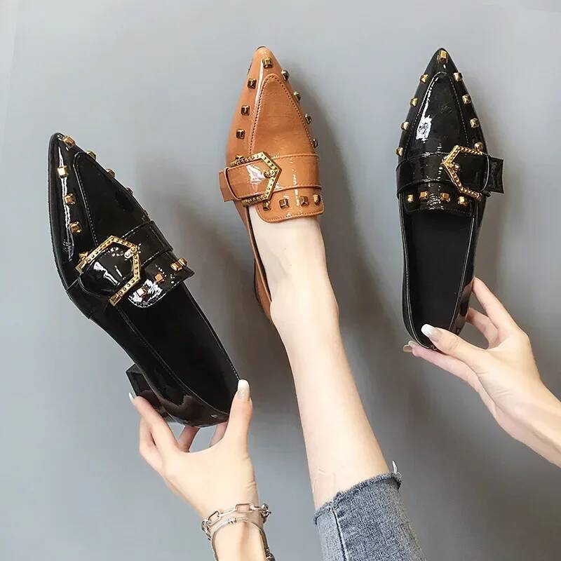 ddmyoutdoor Spring Rivet Women S Pointed Toe Thick Heels Fashion British Style Loafer Female Slip On Shoes Zapatillas Mujer Outdoor Outdoor Shoes