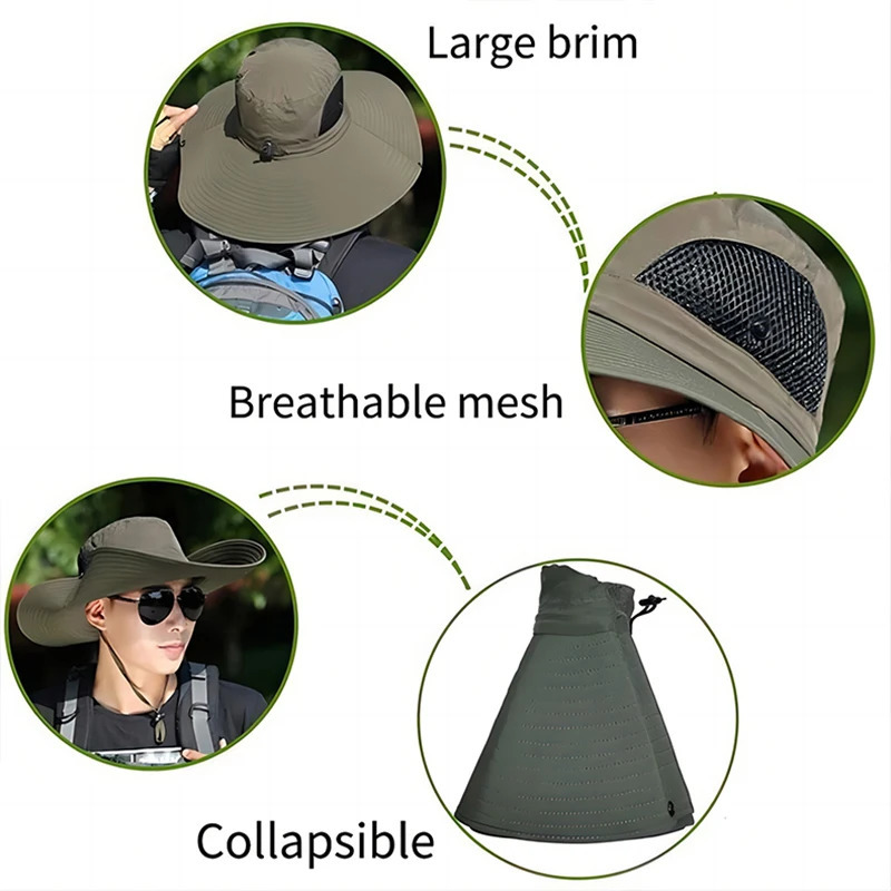 Large Brim Sun Hat for Men Women Breathable Fishing Caps UV ProtectionMesh Fisherman HatHikingOutdoor Beach Cap15cmSummer 250605