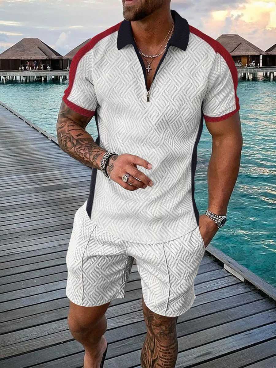 Summer Mens Zip-up POLO Collar Sports Suit Fashion Casual Street y2k Wear Sports Style Zip-up POLO Shirt And Shorts 2 Piece Set W250609