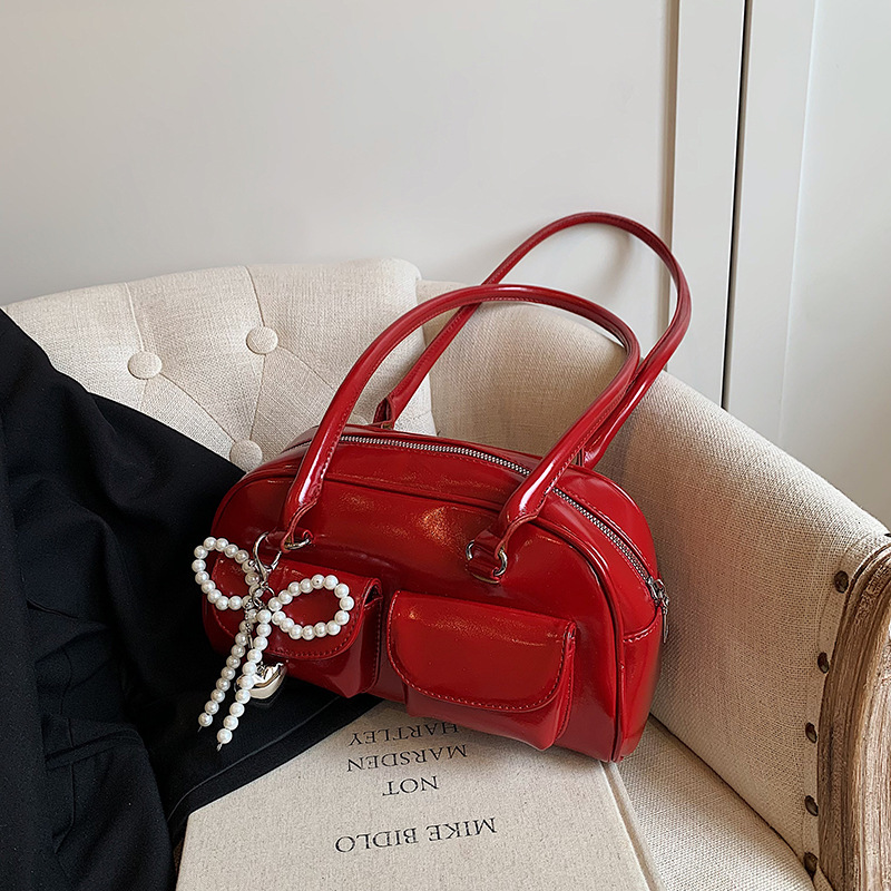 designer Korean Niche Patchwork Shoulder Bag for Women 2025 New Bowling Bag Fashion Retro Versatile Boston Underarm Bag