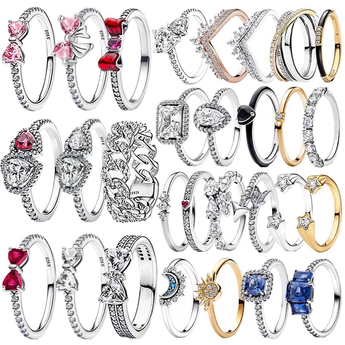 Original 925 Sterling Silver Red Pink Ring Heart Bow Sun Moon Colorful Crystal For Women Valentines Birthday Gift DIY Jewelry XJ250606