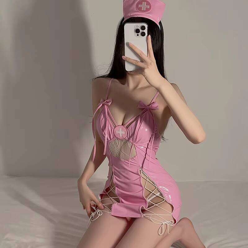 Erotic See-Through Hollow Strap Female Nurse Uniform Sexy Hot Lingerie For Role Play Light Control Nonwoven Weaving Method