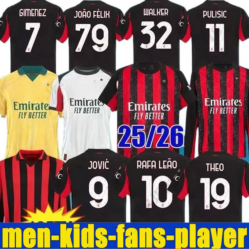 new 25 26 Black white Milan GIMENEZ Jerseys 2025 2026 home away 19 THEO PULISIC REIJNDERS ROMAGNOLI 10 RAFA LEAO Football shirts ac uniform fans 125 th kids kit red green