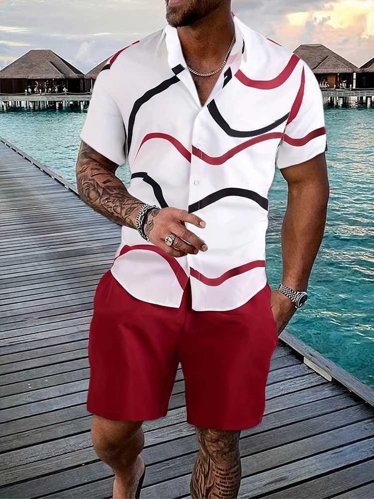 2025 New Summer Mens Short Sleeve Shirt Hawaiian Fashion Beach Shorts Patchwork Stripe Print Mens Casual Shirt Shorts Set W250609