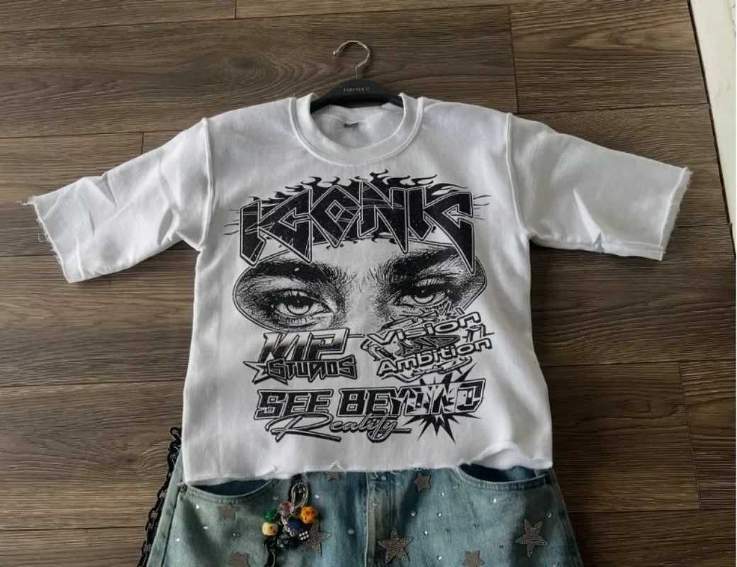 Retro Casual Loose Letter Anime Printed Short-sleeved Top Men Y2k Goth Punk Trendy Brand Harajuku Street Cotton T-shirt Women W250607