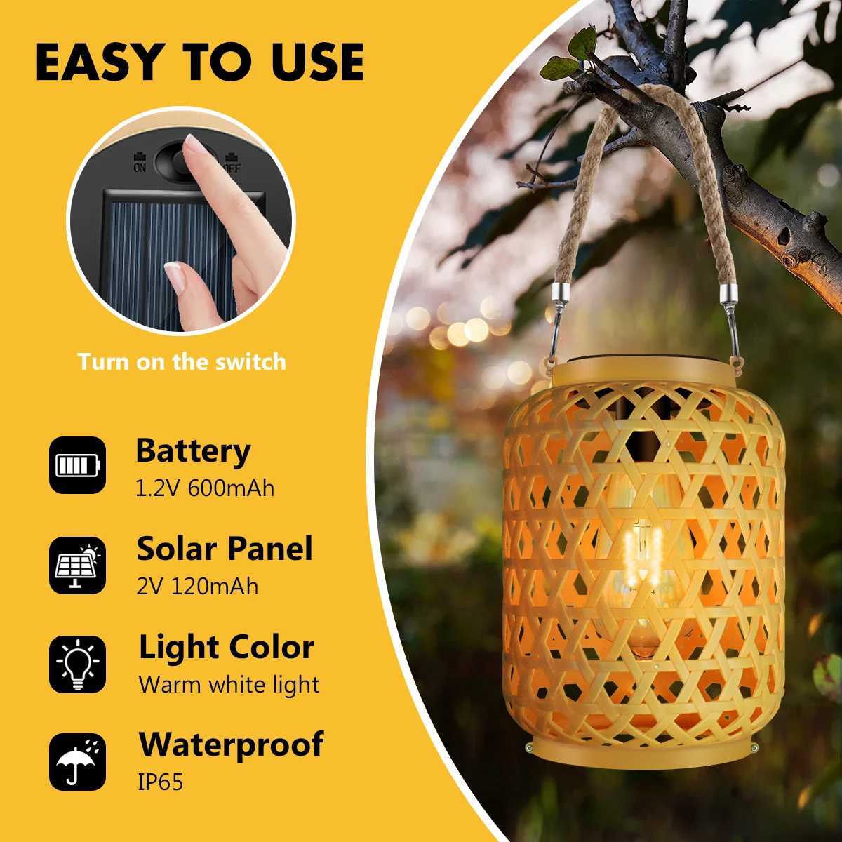 Decoration Lights Outdoor Rattan Solar Lantern with Handle Solar Bulb Lamp LED Hanging Lantern Lights Garden Landscape Lamp XJ250606